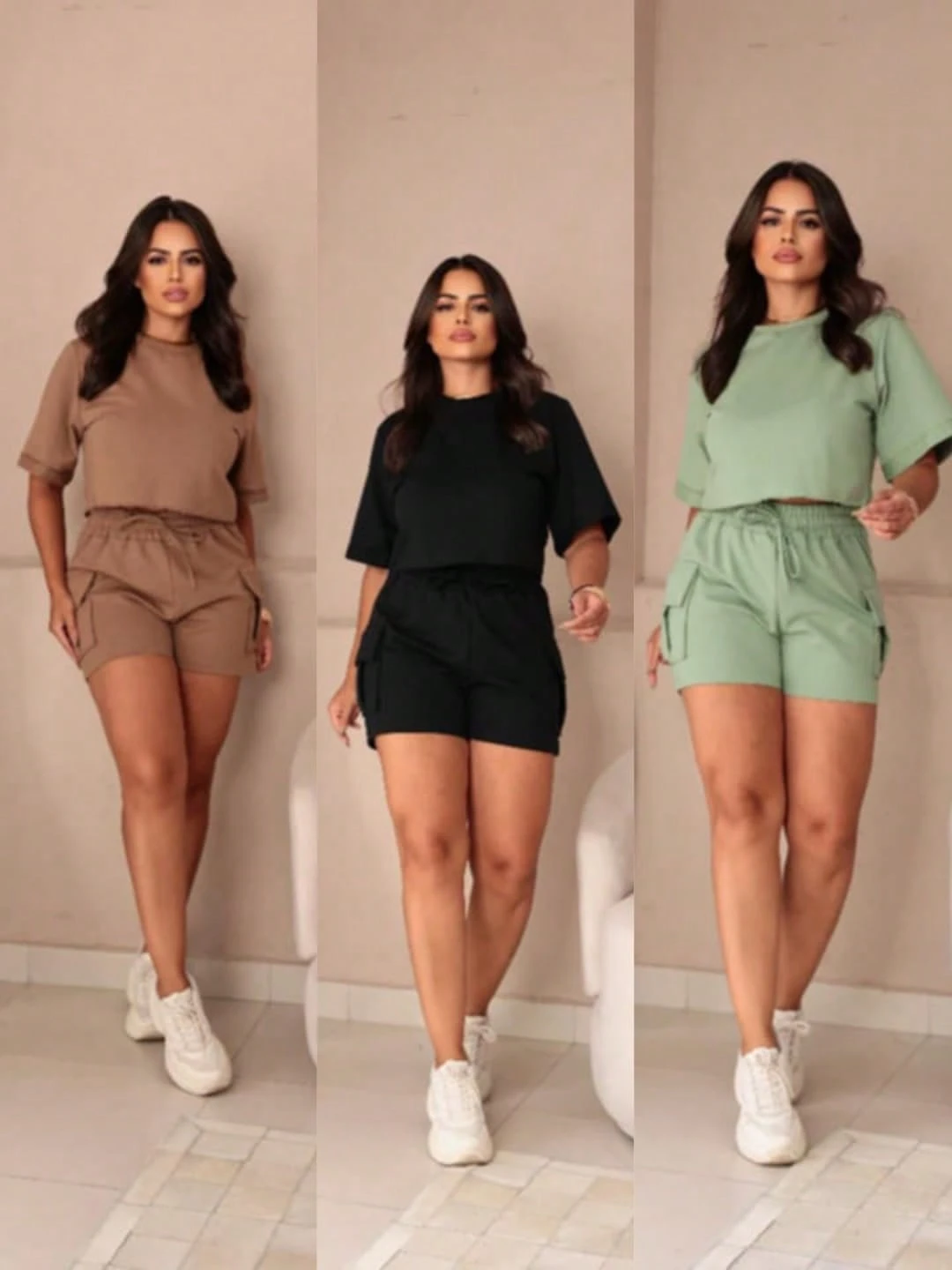 hort cargo moderno e cropped de manga curta com ombro levemente caído